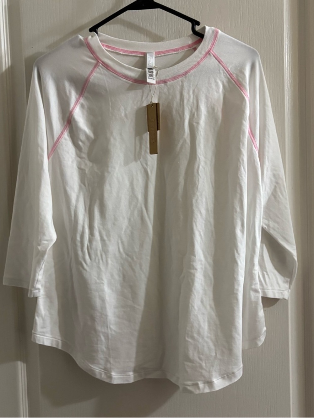 SKIMS White Long Sleeve Tee with Pink Contrast Stitching